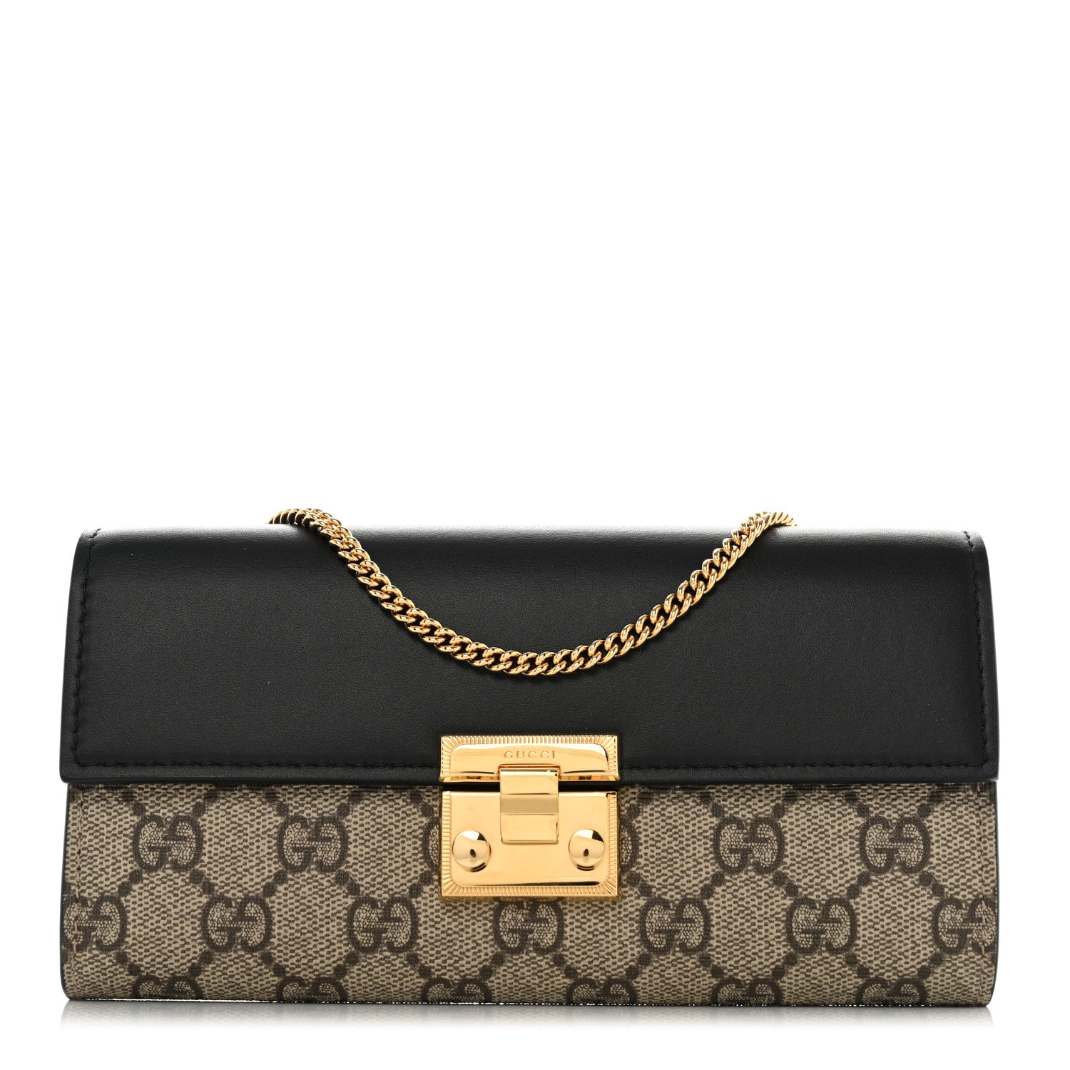 Gucci GG Supreme Monogram Moon Calfskin Padlock Continental Chain Wallet Beige Ebony Black 1 of 8