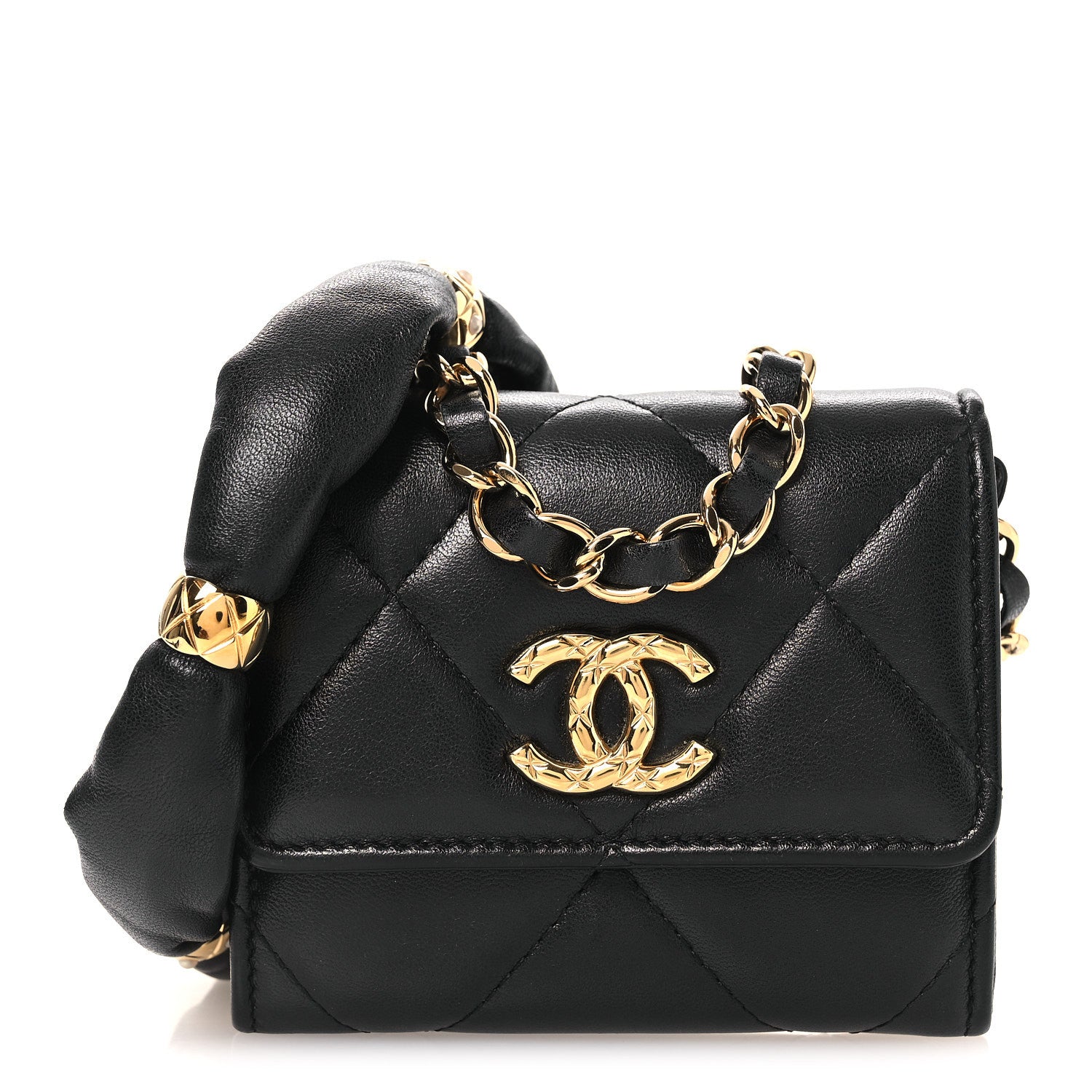 Chanel Lambskin Pearl Quilted CC Flap Card Holder With Chain  Black 1 of 11