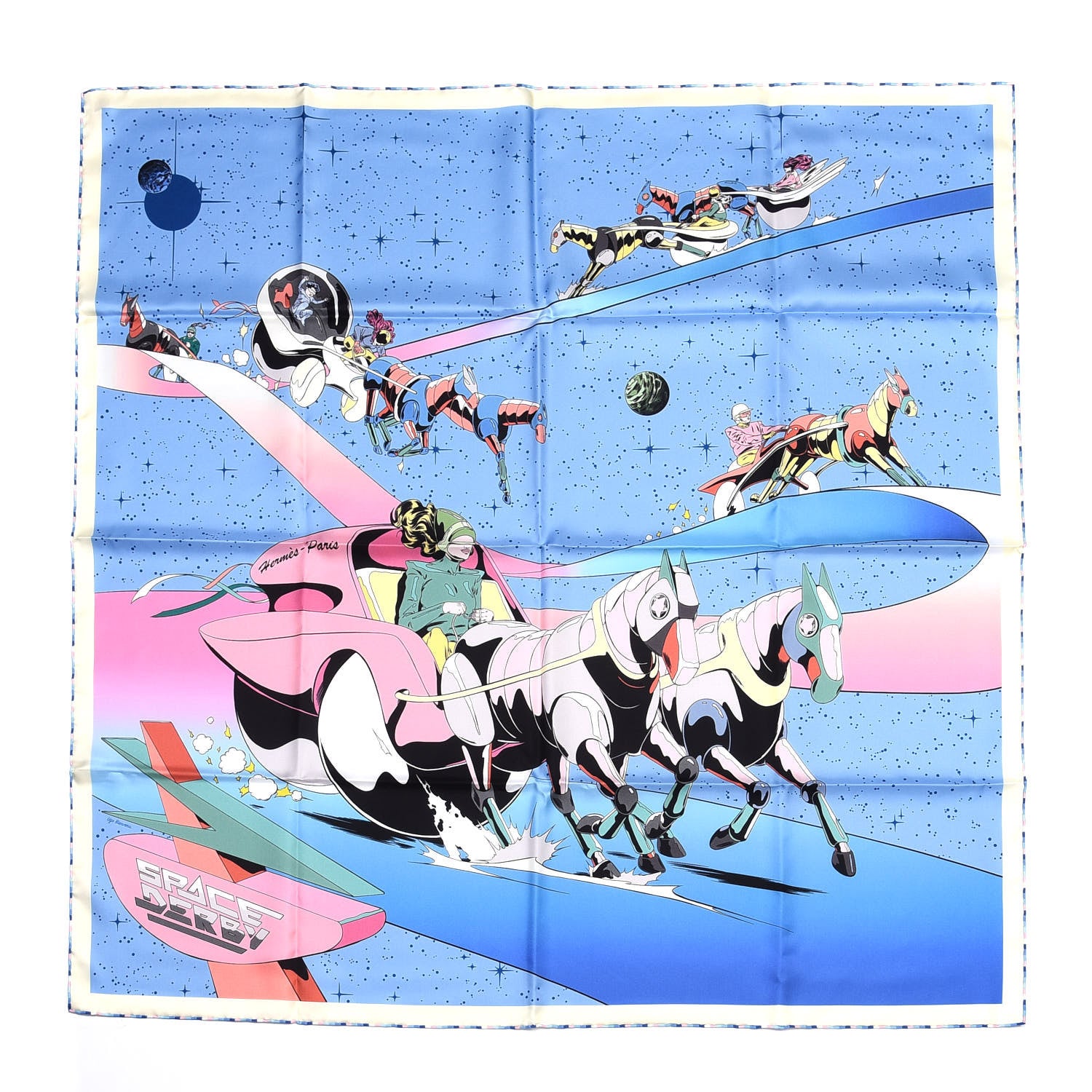 Hermes Silk Space Derby Scarf 90 Bleu Ciel Rose Vert Amande 1 of 4
