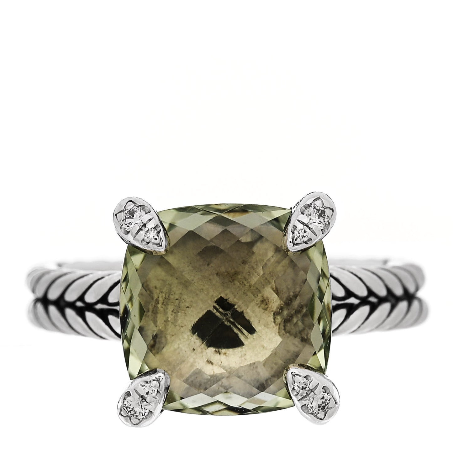 Sterling Silver Diamond Prasiolite 11mm Chatelaine Ring 54 7