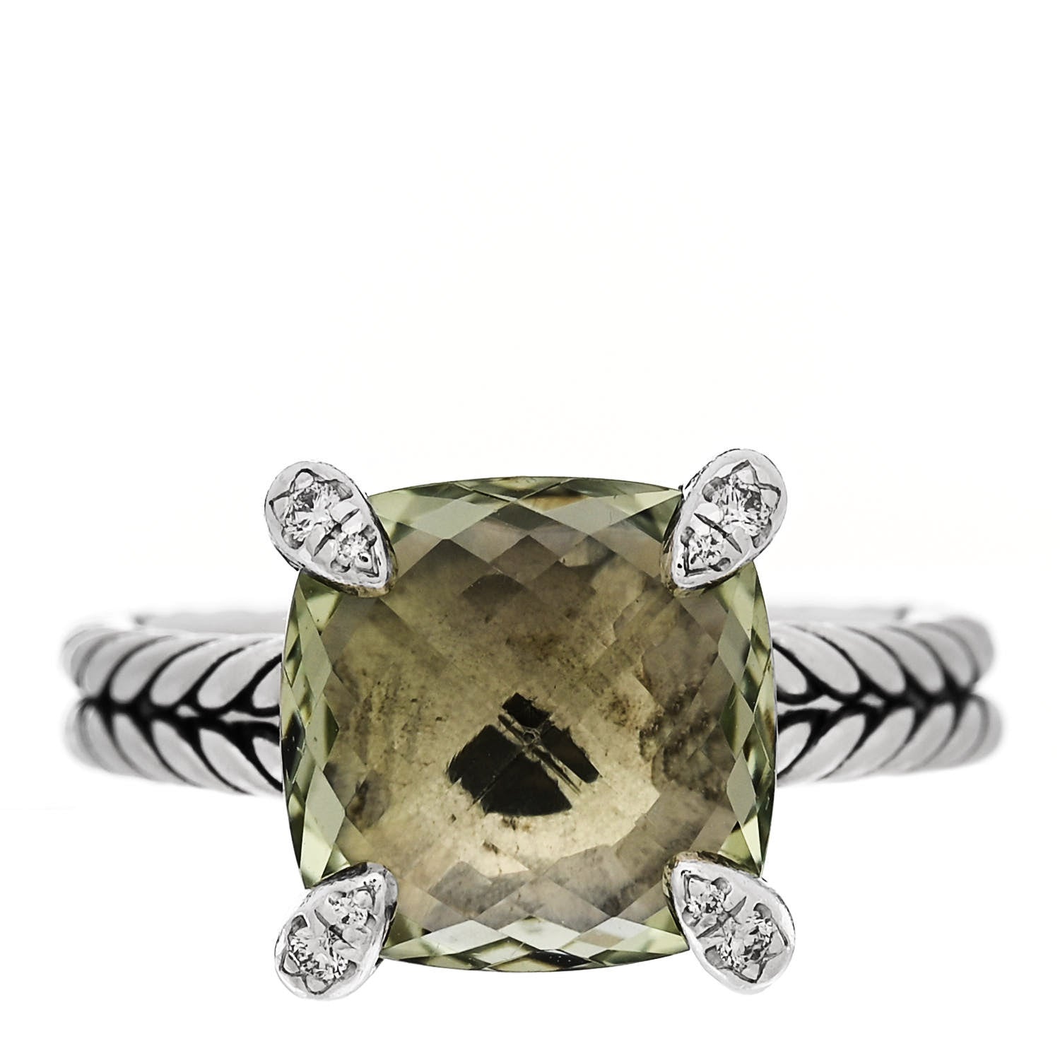David Yurman Sterling Silver Diamond Prasiolite 11mm Chatelaine Ring 54 7 1 of 5