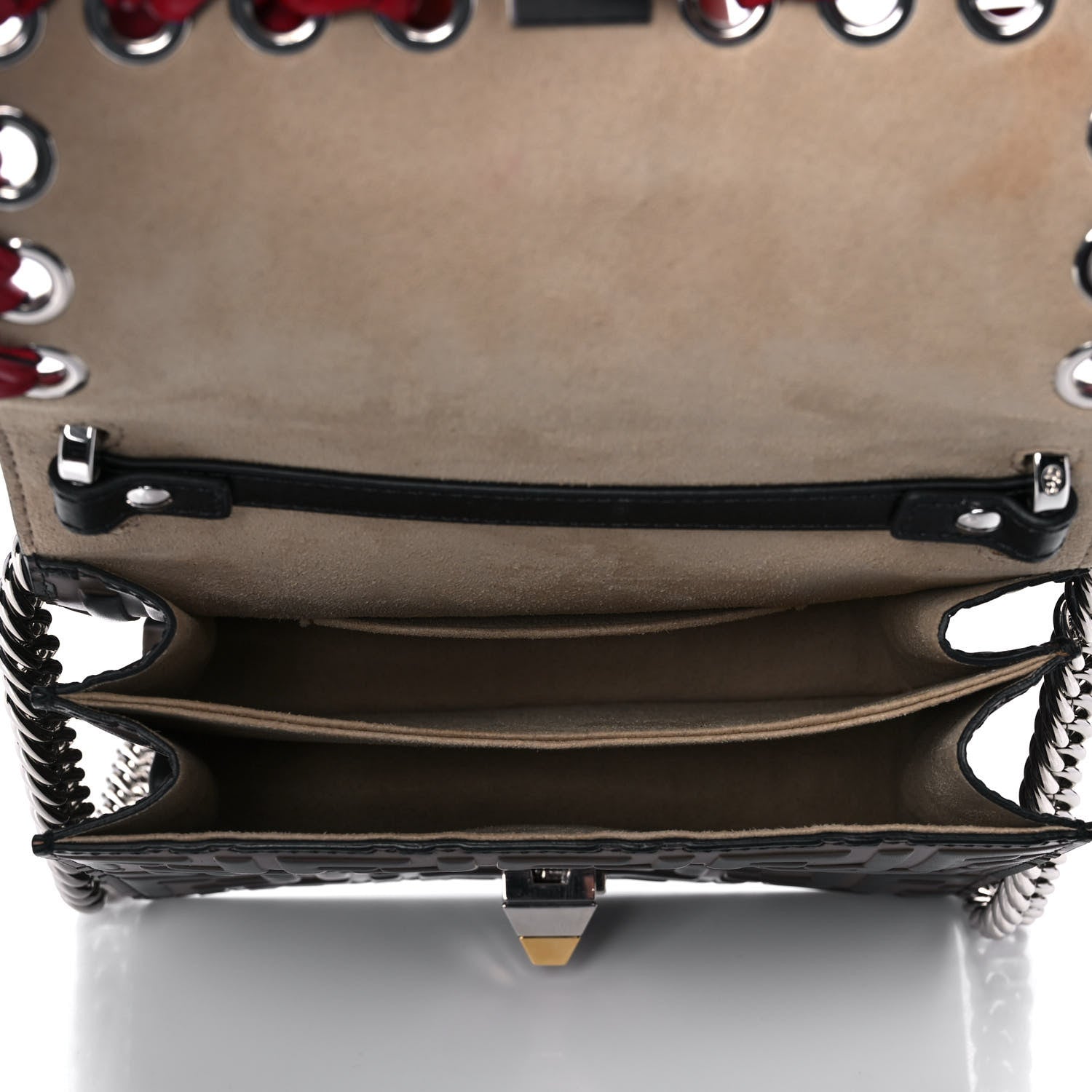 Fendi Vitello Shiny Nappa Bi-Color FF 1974 Lace Up Bow Embossed Small Kan I Shoulder Bag Maya Black Fragola 9 of 21