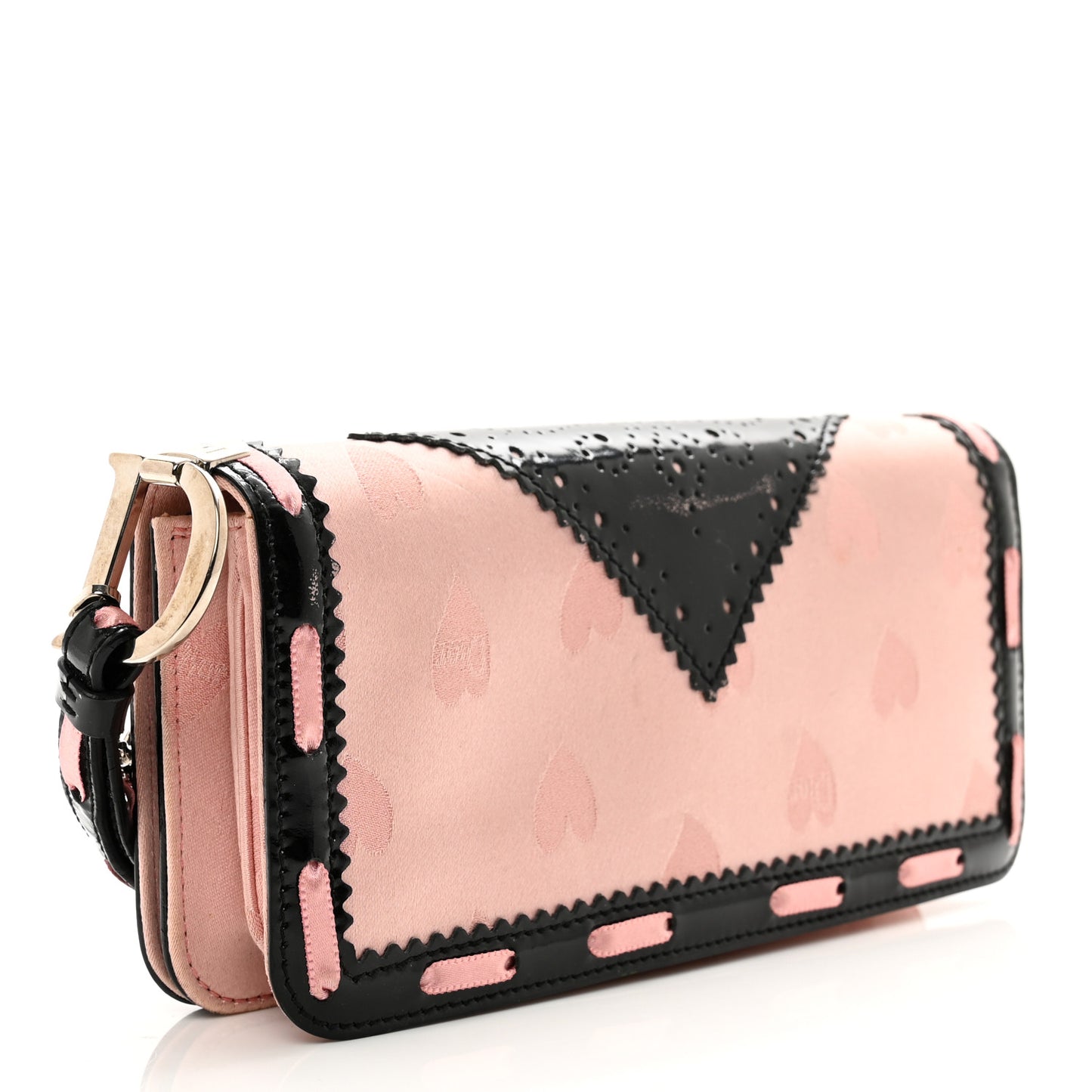 Satin Patent Heart D Trick Clutch Pink Black