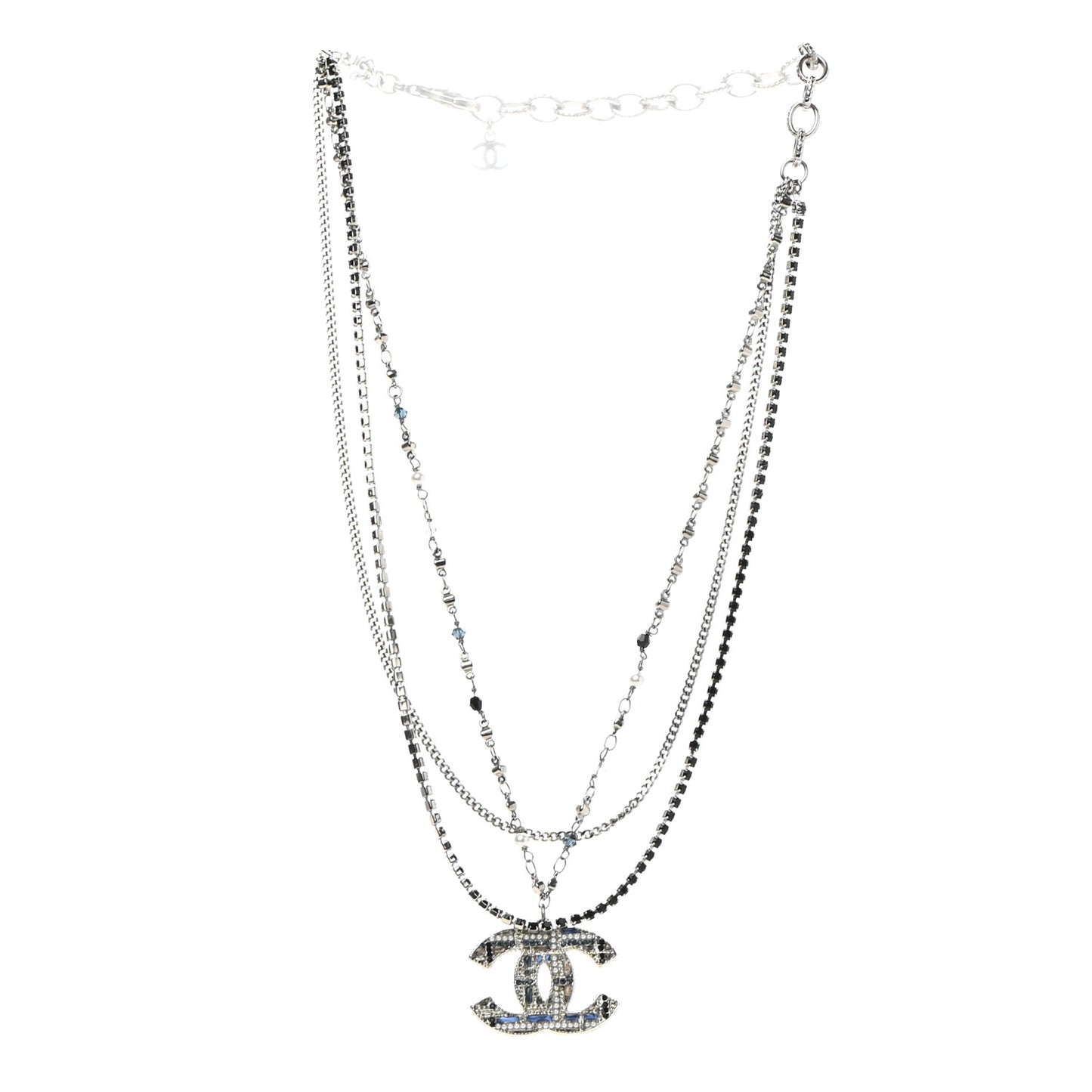 Crystal Pearl Tweed Effect Multi Strand CC Short Necklace Silver Blue Black