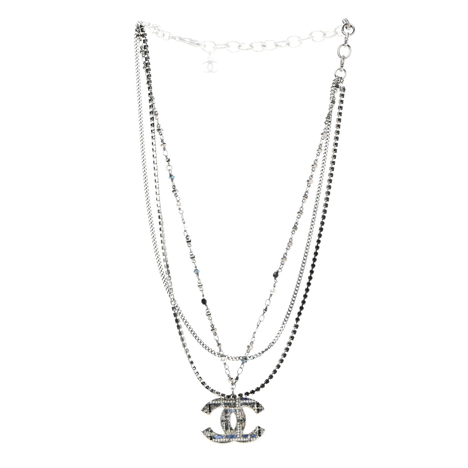 Chanel Crystal Pearl Tweed Effect Multi Strand CC Short Necklace Silver Blue Black 3 of 7