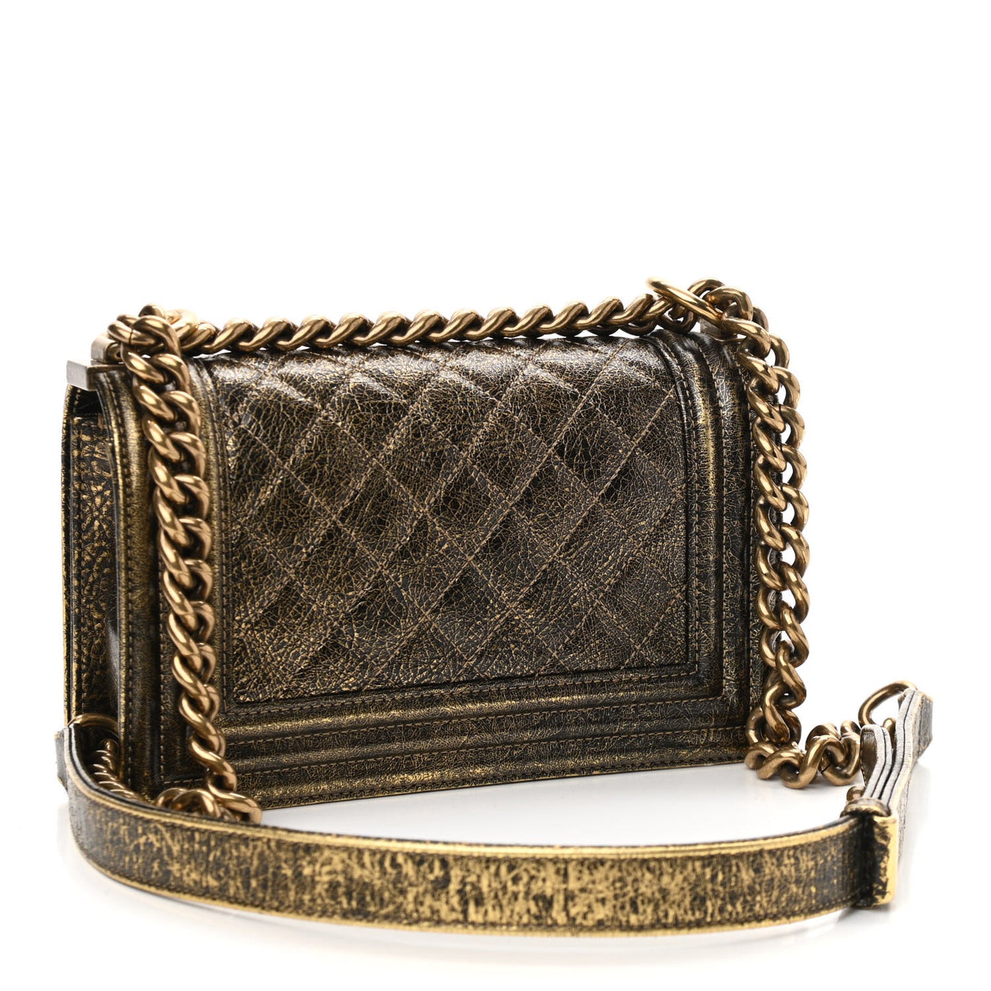 Cracked Metallic Calfskin Quilted Small Boy Flap Gold
