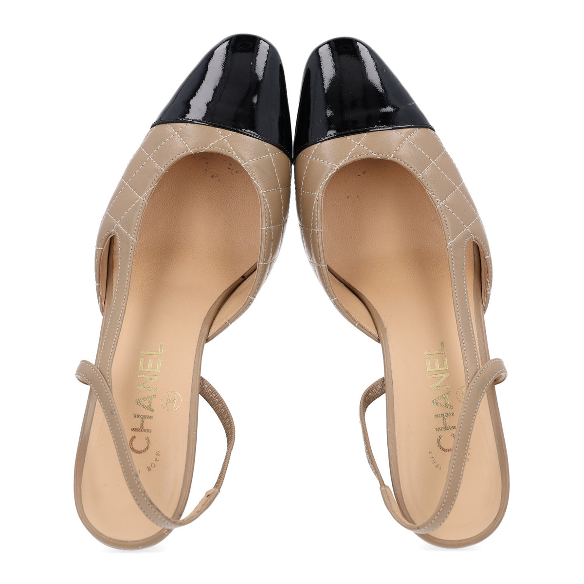 Lambskin Patent Calfskin Quilted Cap Toe CC Slingback Pumps 38.5 Beige Black