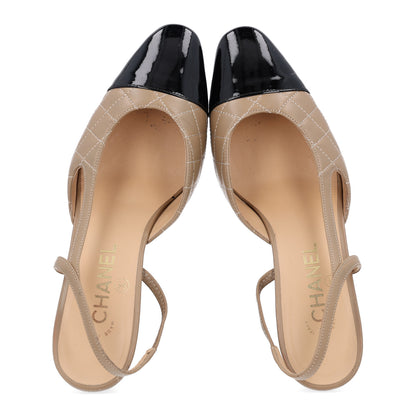 Chanel Lambskin Patent Calfskin Quilted Cap Toe CC Slingback Pumps 38.5 Beige Black 2 of 13