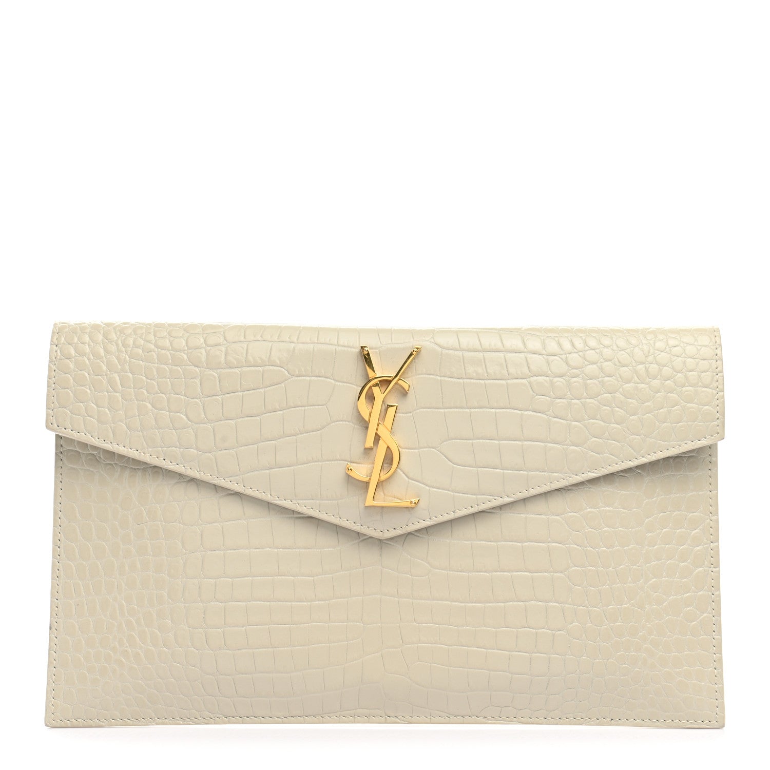 Saint Laurent Calfskin Crocodile Embossed Uptown Monogram Pouch Crema Soft 1 of 7
