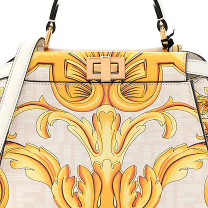 Fendi X VERSACE Vitello Seta Nappa Fendace FF Baroque Mini Peekaboo Iconic Satchel White Ice Gold 7 of 9