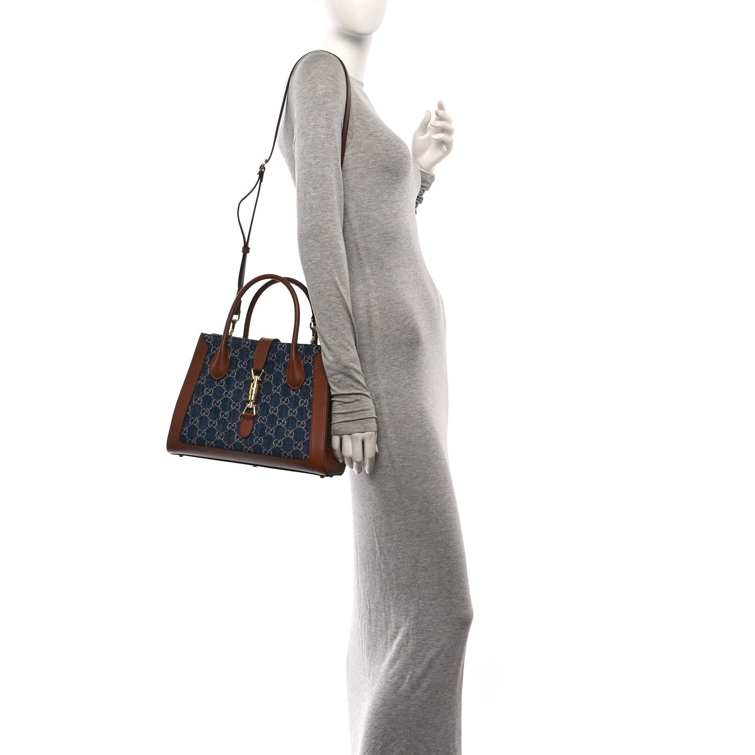 Gucci New Denim GG Monogram Dollar Calfskin Medium Jackie 1961 Tote Blue Tea Cuir Epilog 2 of 10