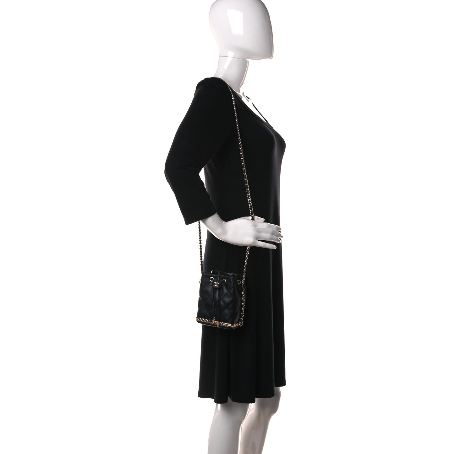 Metal Lambskin Quilted Small Chain Bucket Bag Black