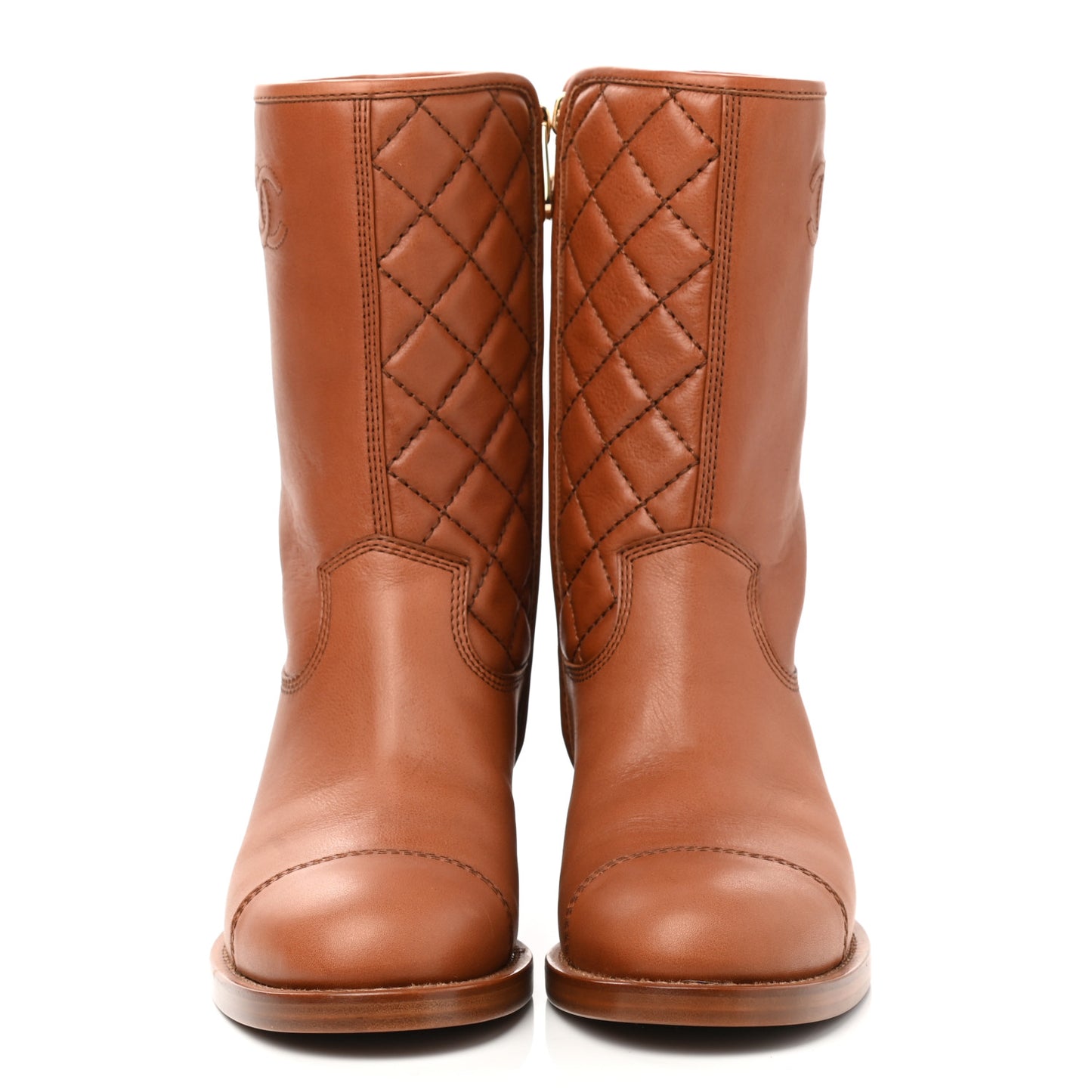 Calfskin CC Logo Mid Calf Boots 39 Caramel
