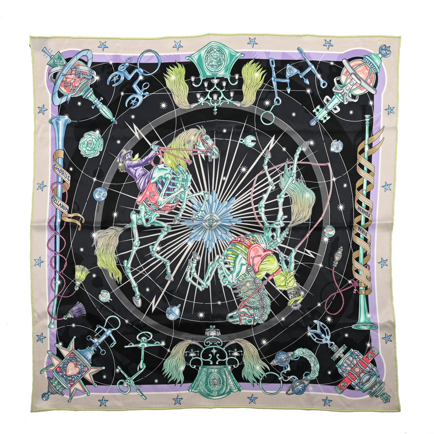 Hermes Silk Chorus Stellarum Scarf 70 Gris Nacre Anthracite Vert 1 of 6