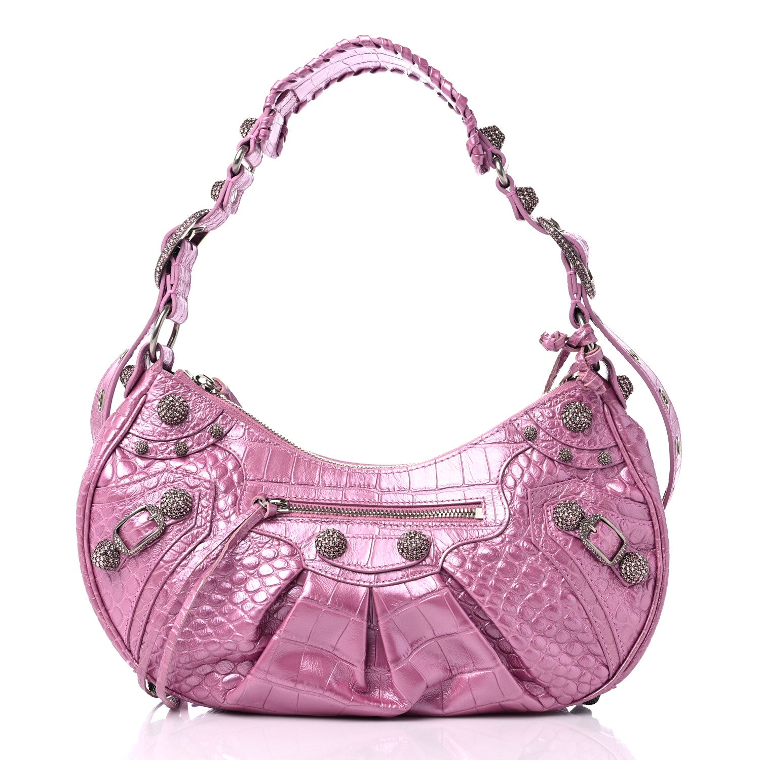 Balenciaga Metallic Extra Supple Calfskin Crystal Crocodile Embossed Small Le Cagole Shoulder Bag Pink 3 of 11