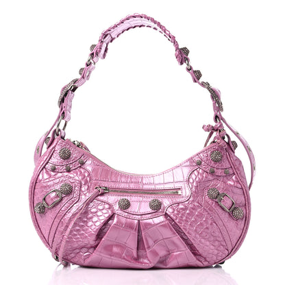 Balenciaga Metallic Extra Supple Calfskin Crystal Crocodile Embossed Small Le Cagole Shoulder Bag Pink 3 of 11