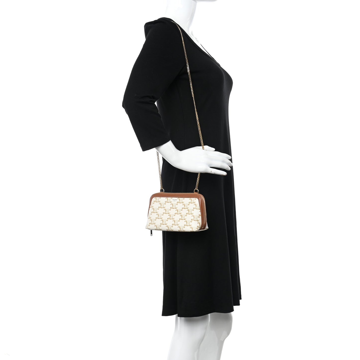 Lambskin Triomphe Canvas Clutch With Chain White Tan