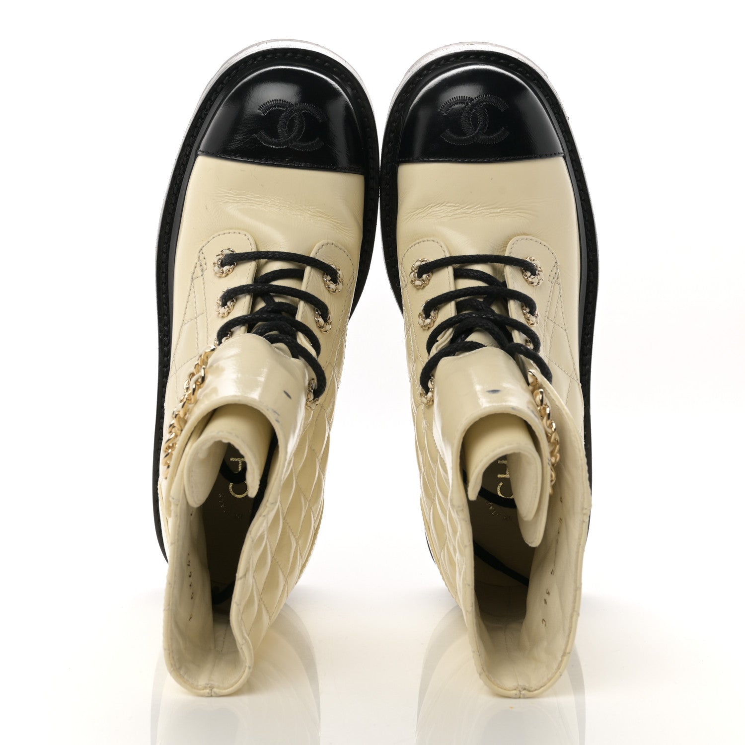 Chanel Shiny Goatskin Calfskin Quilted Lace Up Combat Boots 36 Ivory Black 2 of 10
