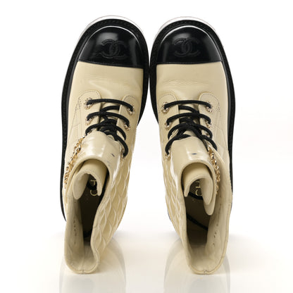 Chanel Shiny Goatskin Calfskin Quilted Lace Up Combat Boots 36 Ivory Black 2 of 10