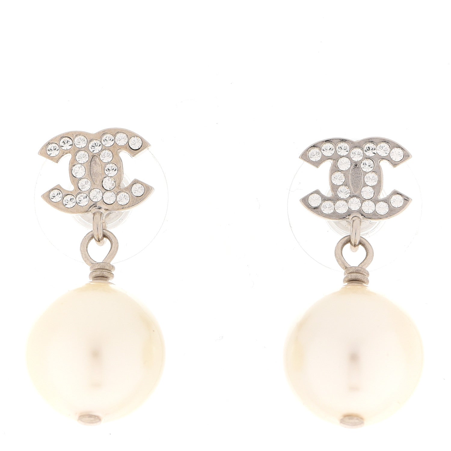 Chanel Crystal Pearl CC Drop Earrings Silver 1 of 5