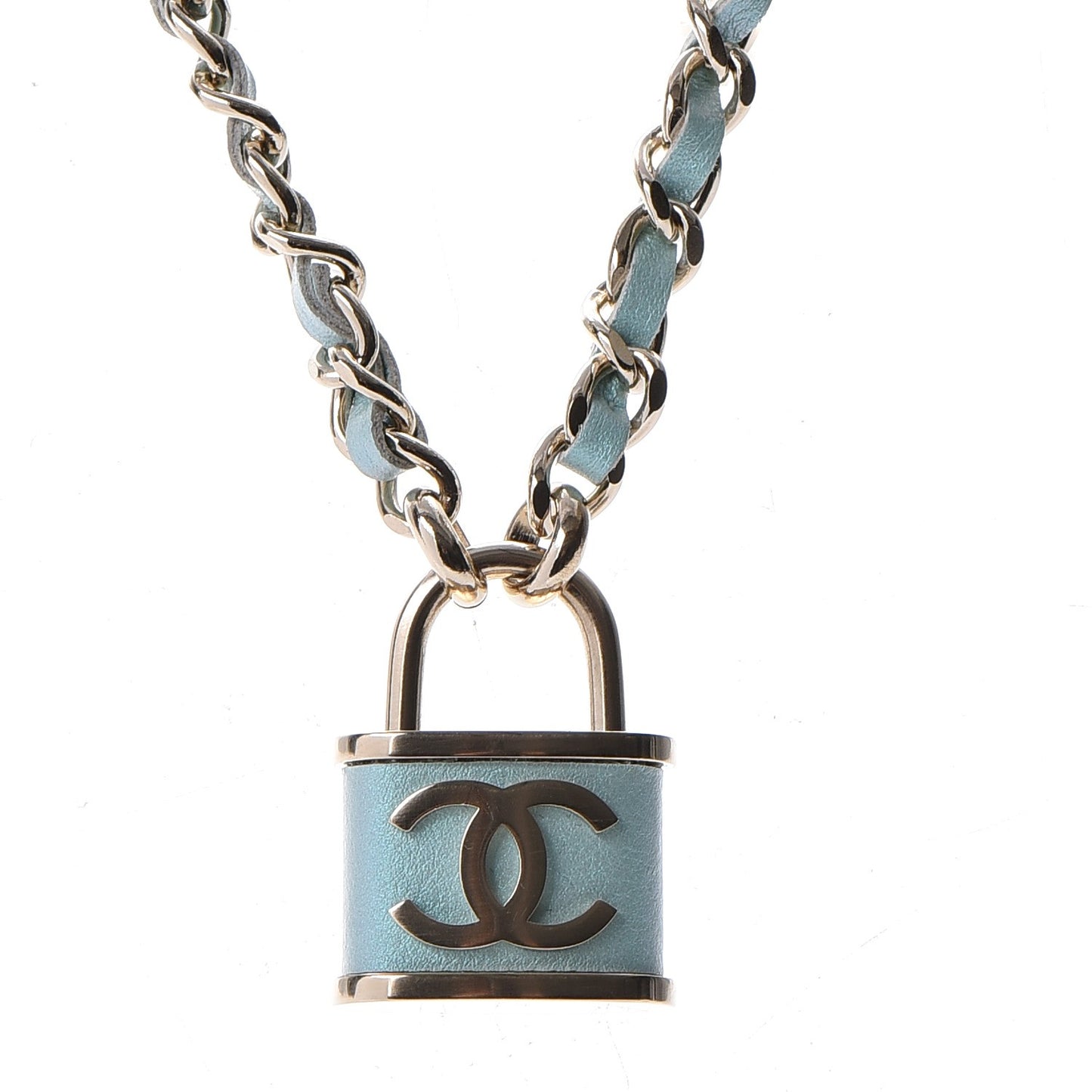 Calfskin Metal Padlock Necklace Gold Iridescent Blue