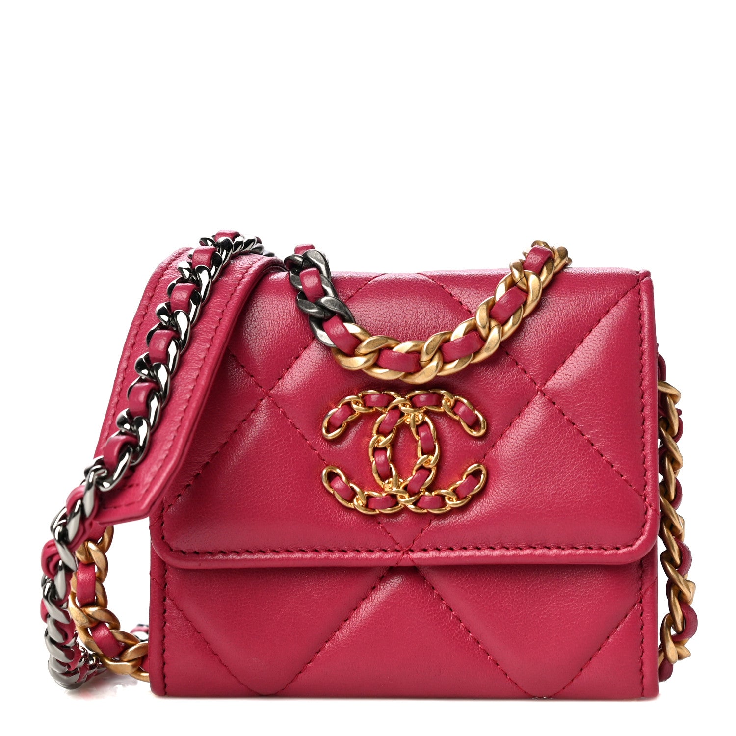 Chanel Lambskin Quilted Chanel 19 Flap Coin Purse With Chain Dark Pink 1 of 15