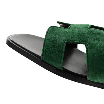 Hermes Suede Goatskin Oran Sandals 37.5 Vert Electrique 10 of 11