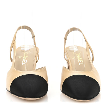 Chanel Goatskin Grosgrain Cap Toe CC Slingback Pumps 39 Beige Black 3 of 9