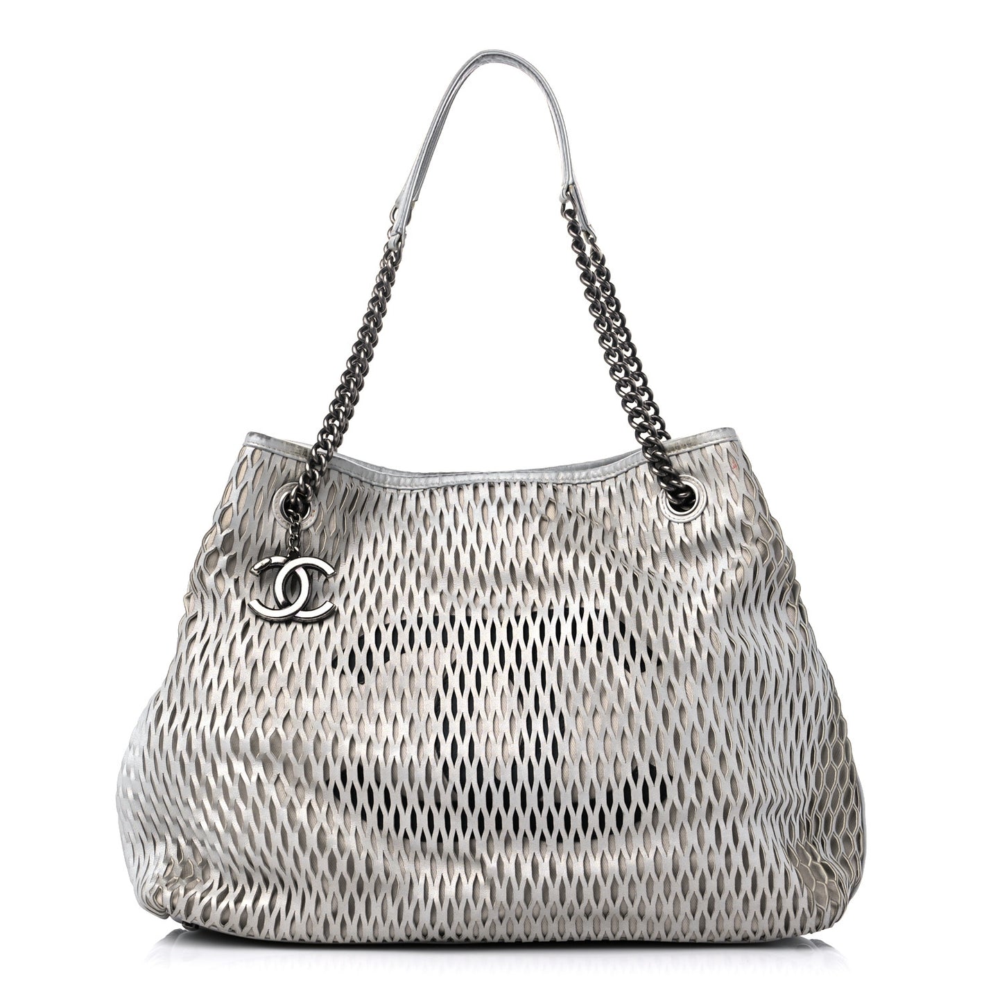 Calfskin Laser Cut Perforated CC Tote Silver