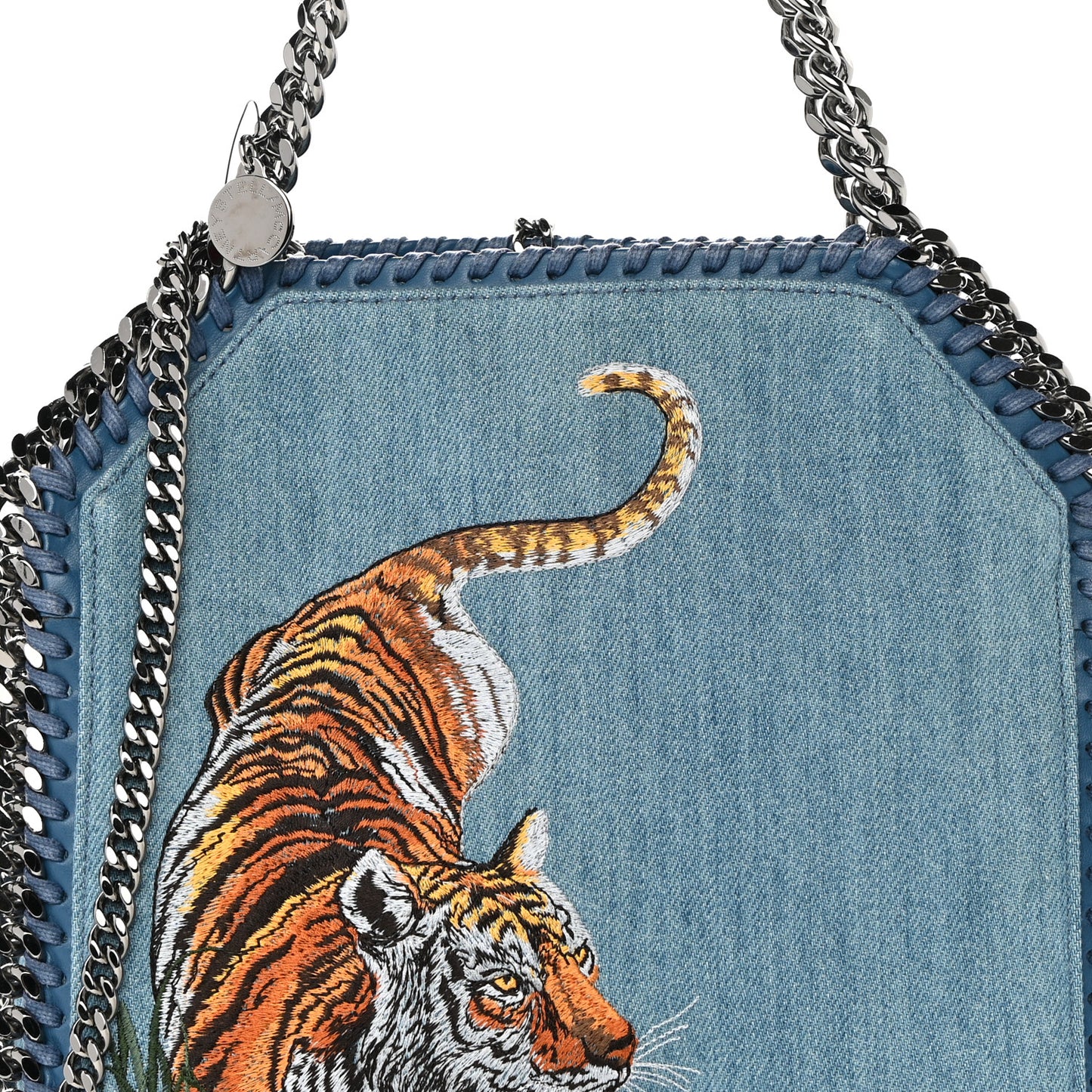 Denim Embroidered Tiger Mini Falabella Tote Blue