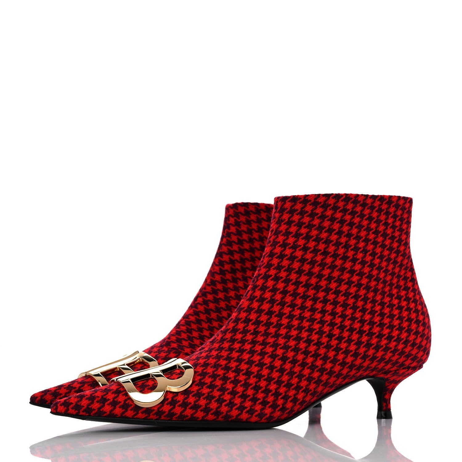 Balenciaga Wool Houndstooth BB Pointy Toe Ankle Booties 37 Red Black Gold 3 of 9
