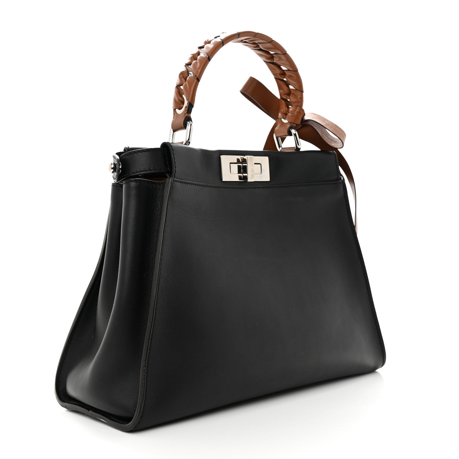 Fendi Vitello Seta Nappa Ribbon Medium Peekaboo Iconic Satchel Black Corteccia 3 of 13