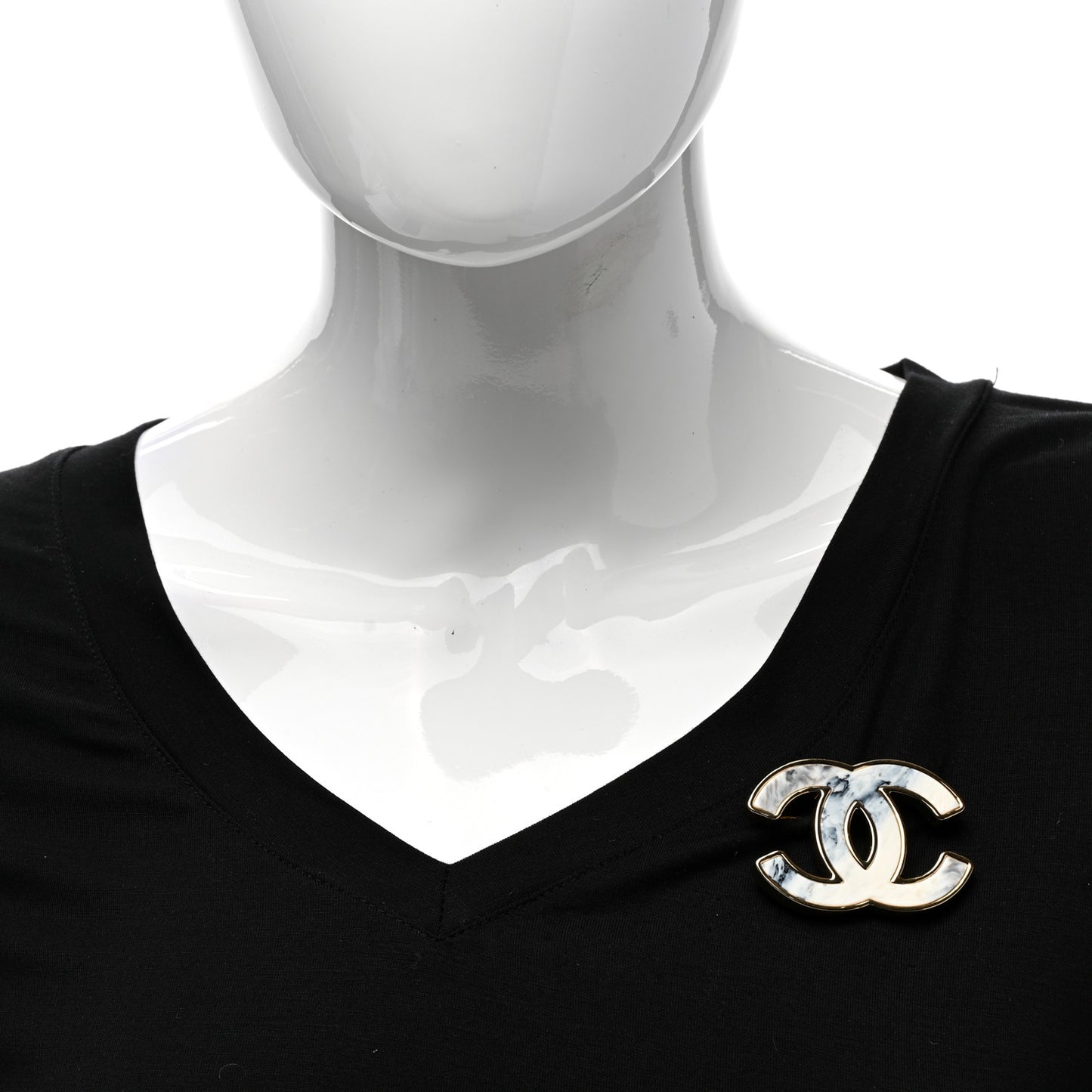 Metal Marbled Enamel CC Brooch White Light Gold