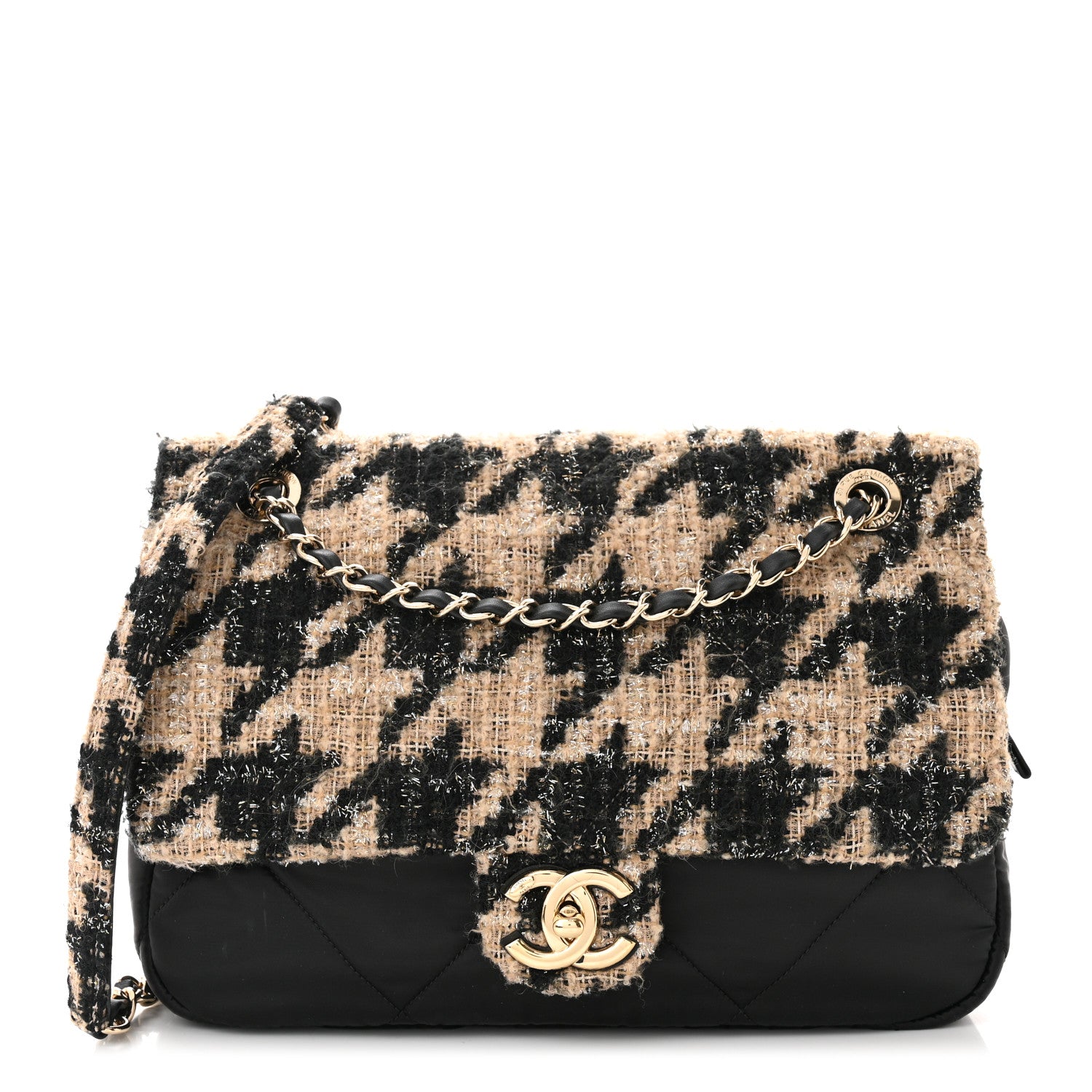 Chanel Wool Tweed Nylon Quilted Flap Bag Beige Black 1 of 10