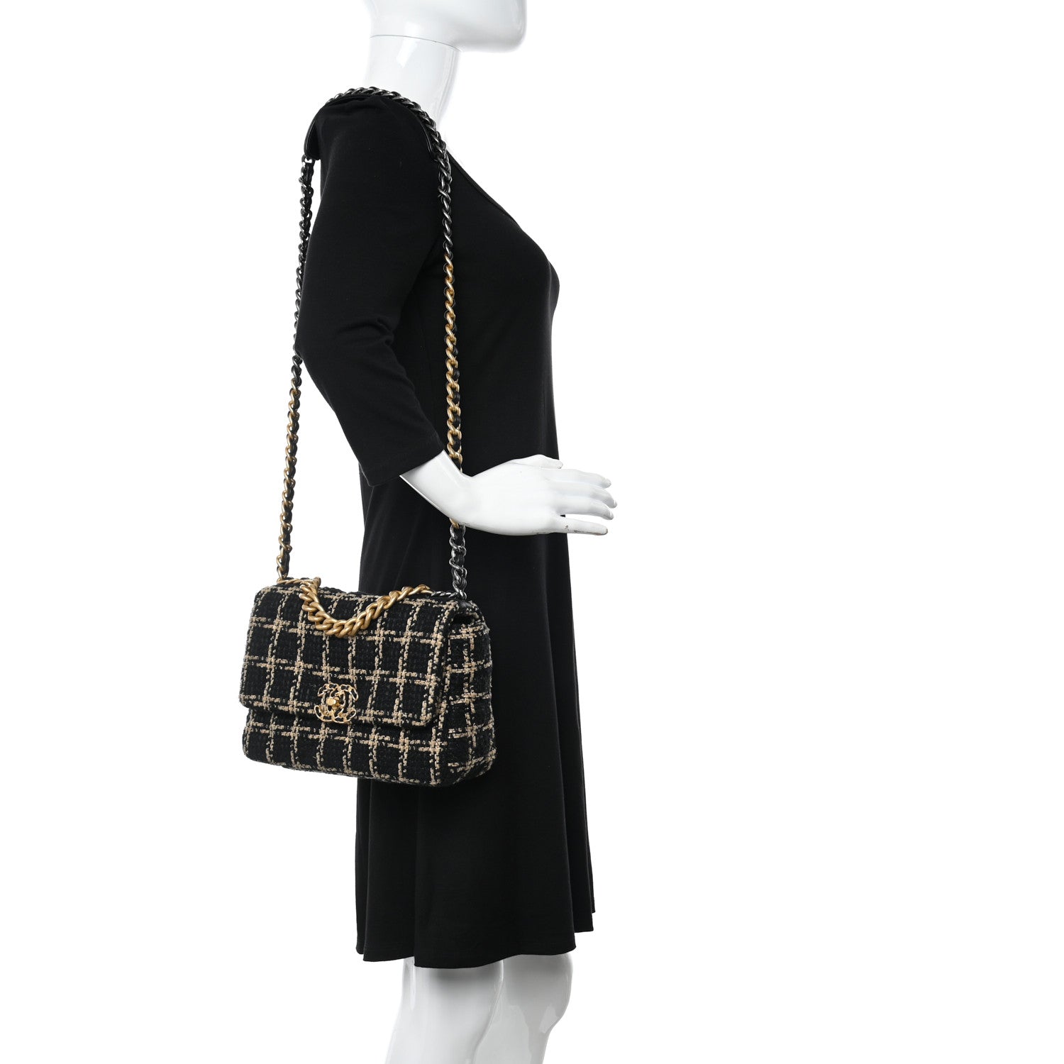 Chanel Tweed Quilted Medium Chanel 19 Flap Black Beige 2 of 11