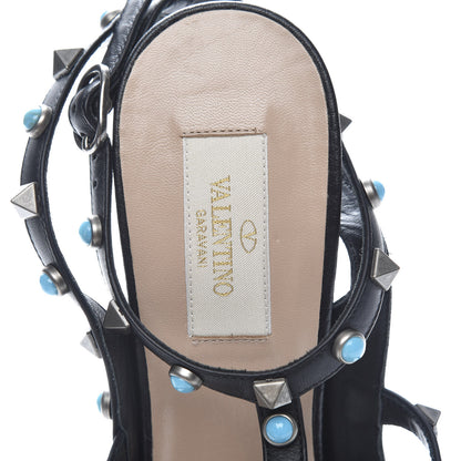 Valentino Garavani Pebbled Calfskin Turquoise Rockstud Rolling Ankle Strap 100mm Pumps 40.5 Black 8 of 9