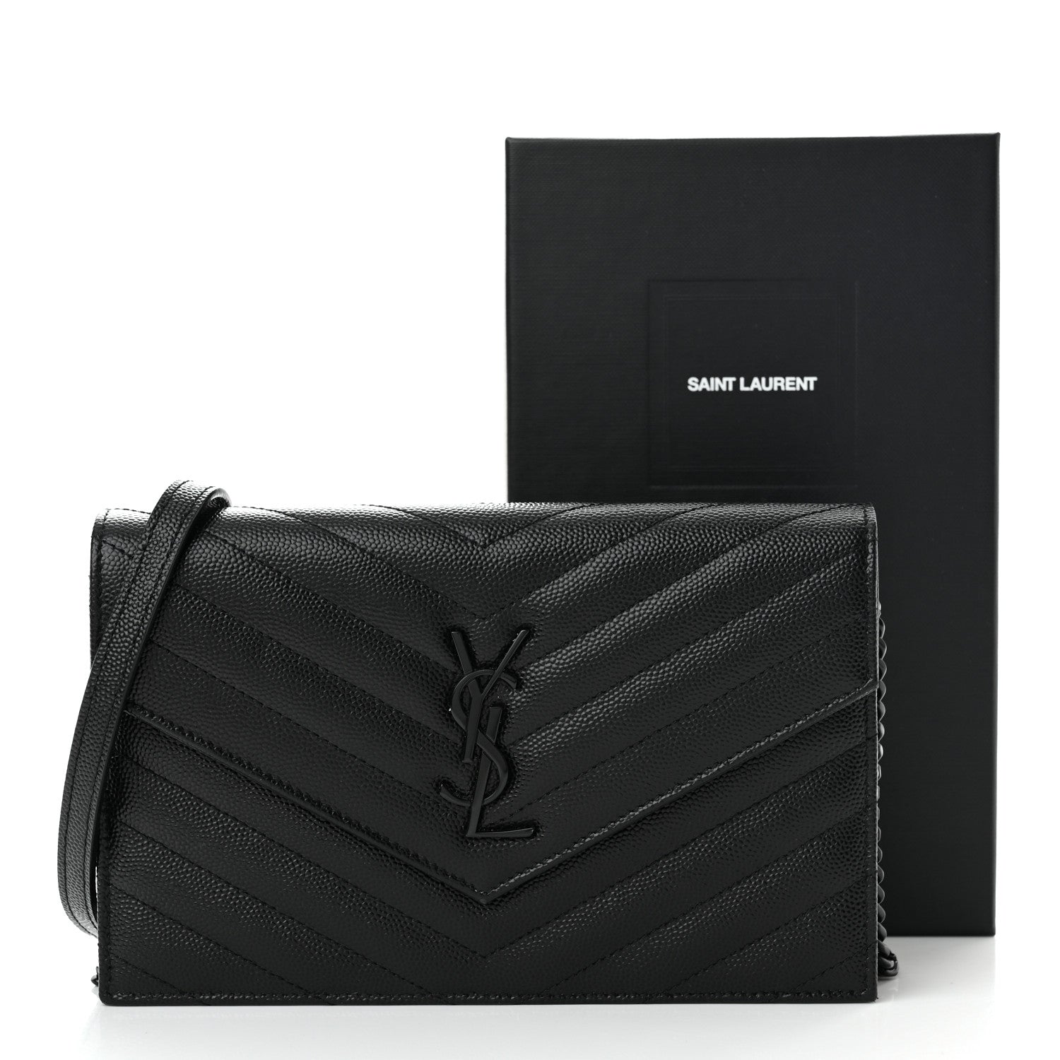 Saint Laurent Grain De Poudre Matelasse Chevron Monogram Monochrome Envelope Chain Wallet Black 11 of 11
