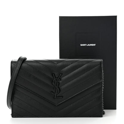Saint Laurent Grain De Poudre Matelasse Chevron Monogram Monochrome Envelope Chain Wallet Black 11 of 11