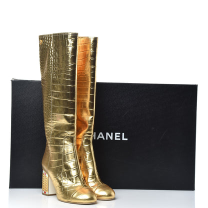 Chanel Calfskin Crocodile Embossed Cap Toe High Boots 37.5 Gold 11 of 11