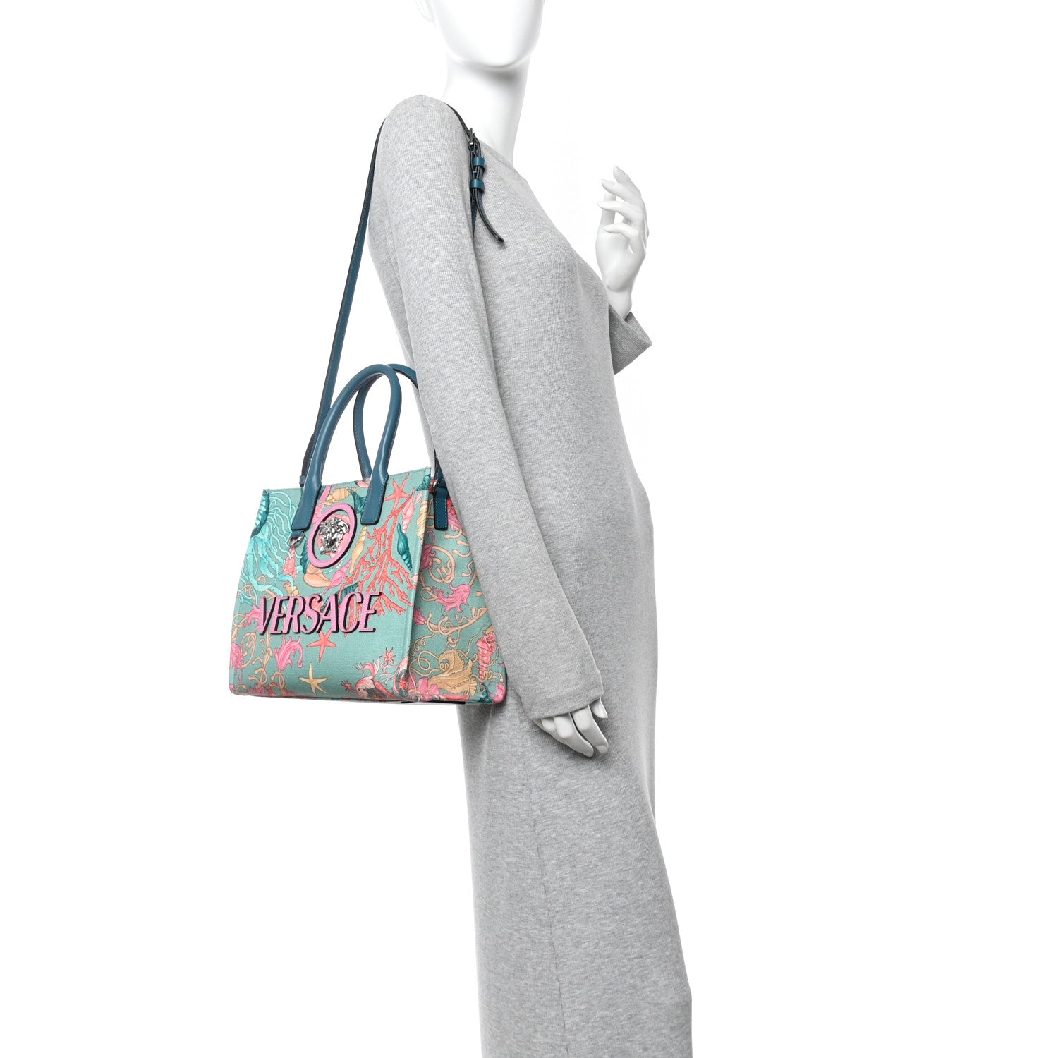 Versace Canvas Barocco Underwater Medusa Small Tote Light Blue Pink Multicolor 2 of 9