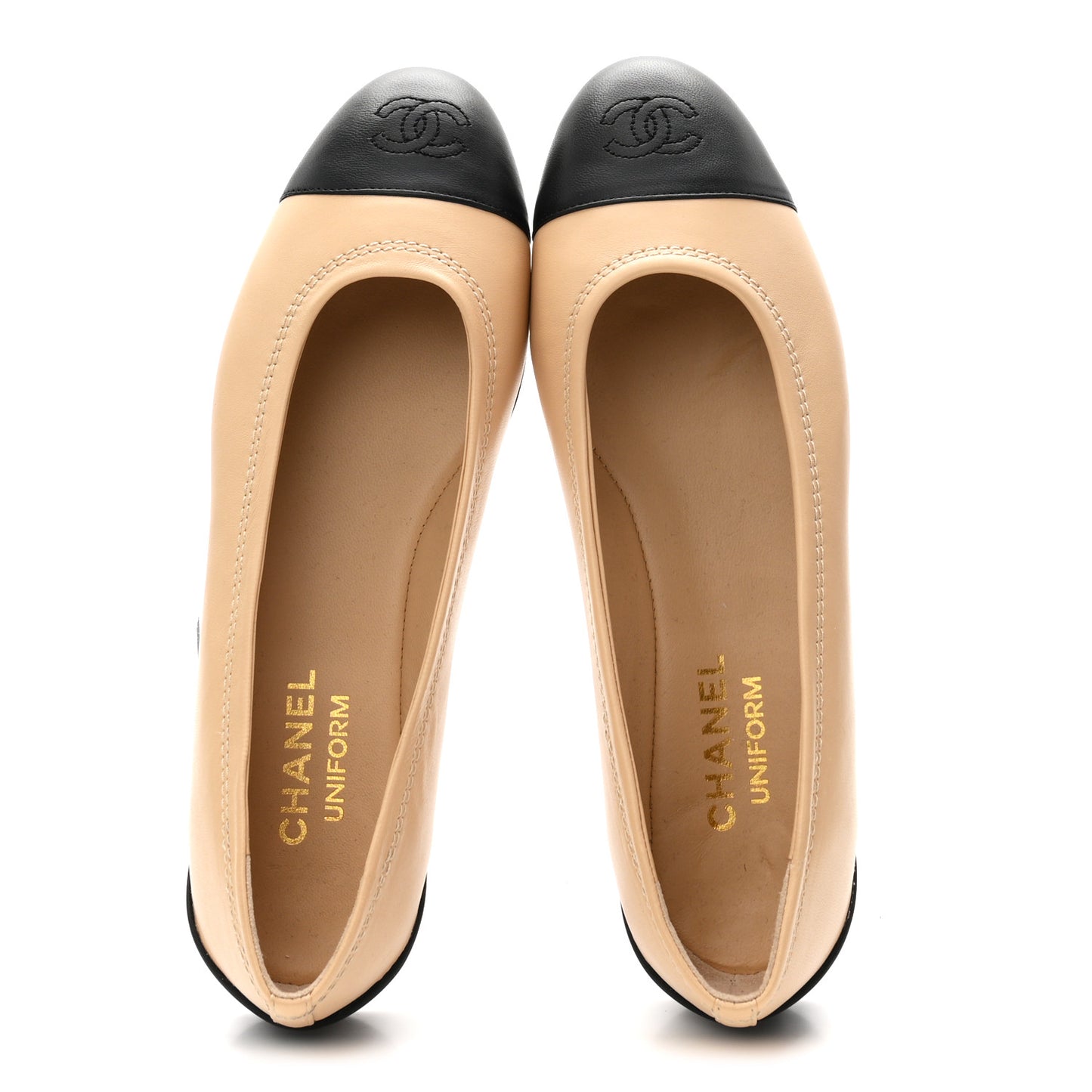 Lambskin Cap Toe CC Uniform Ballerina Flats 38.5 Beige Black