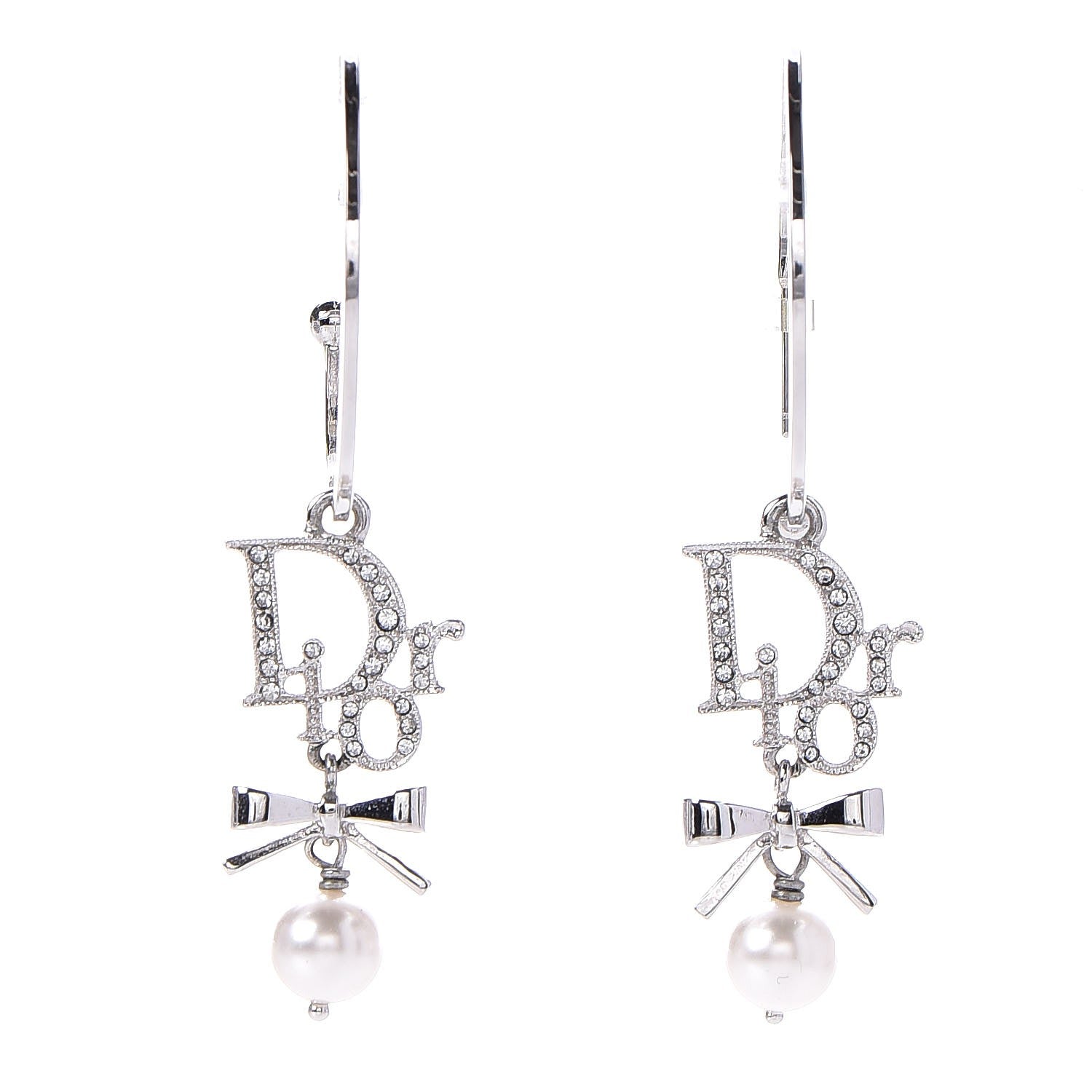 Christian Dior Crystal Pearl Logo Hoop Earrings Silver 1 of 3