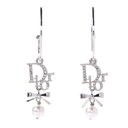 Christian Dior Crystal Pearl Logo Hoop Earrings Silver 1 of 3