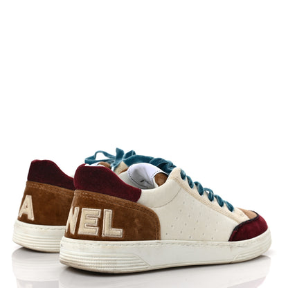 Chanel Calfskin Velvet Womens Logo Sneakers 38.5 White Beige Burgundy 4 of 12