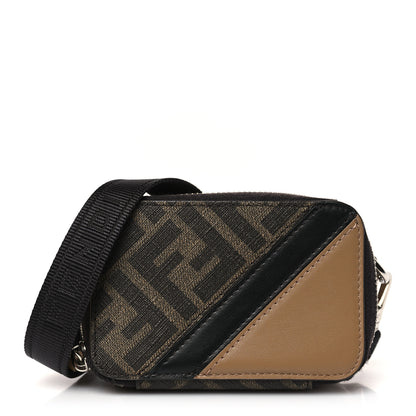 Fendi Glazed Fabric Vitello Cover FF 1974 Diagonal Bi-Color Mini Camera Case Tobacco Moro Sand Black 1 of 10
