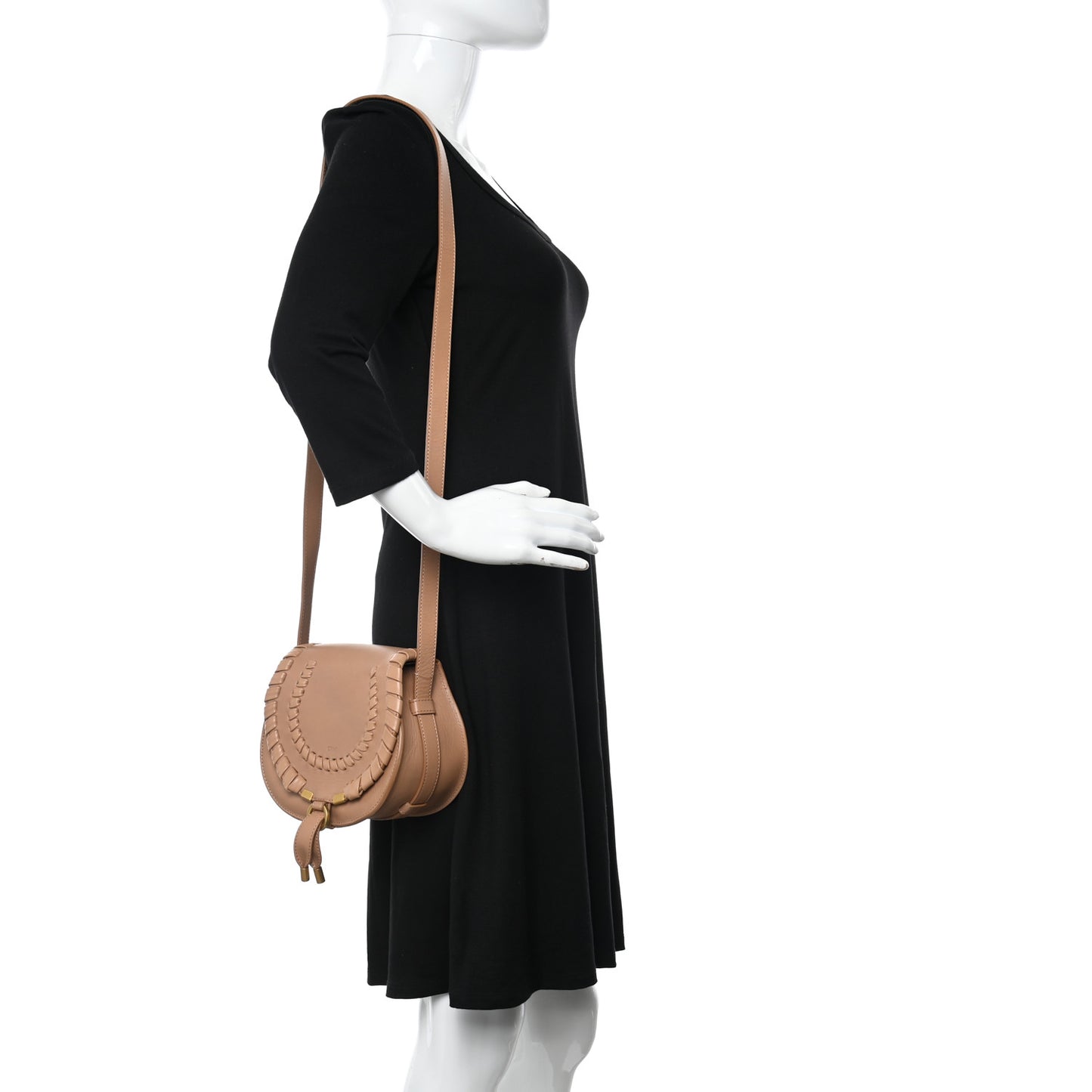 Calfskin Whipstitch Mini Marcie Round Crossbody Bag Light Tan