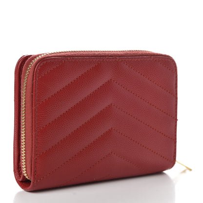Saint Laurent Grain De Poudre Matelasse Chevron Monogram Compact Zip Around Wallet Red 3 of 8