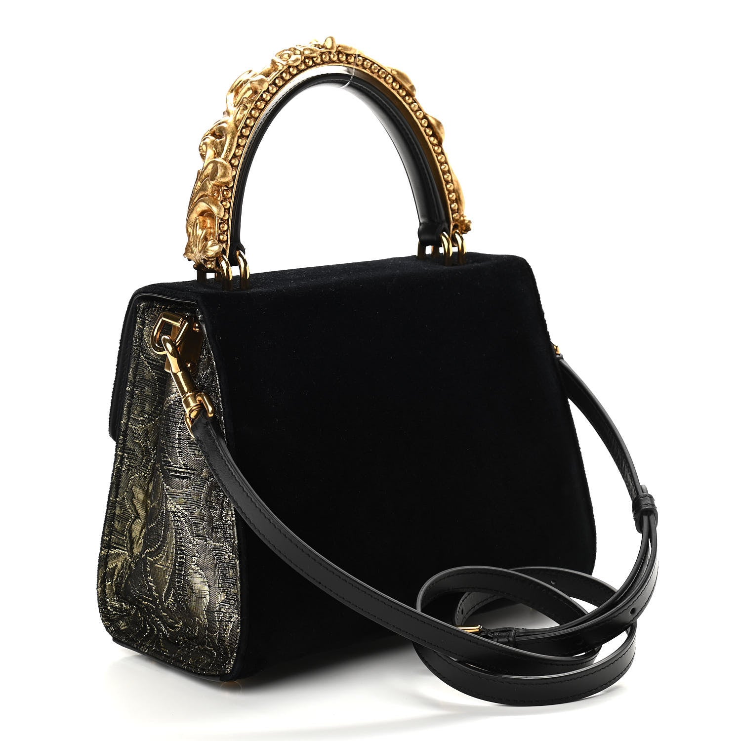 Dolce & Gabbana Velvet Floral Embellished Welcome Satchel Black Gold 3 of 10
