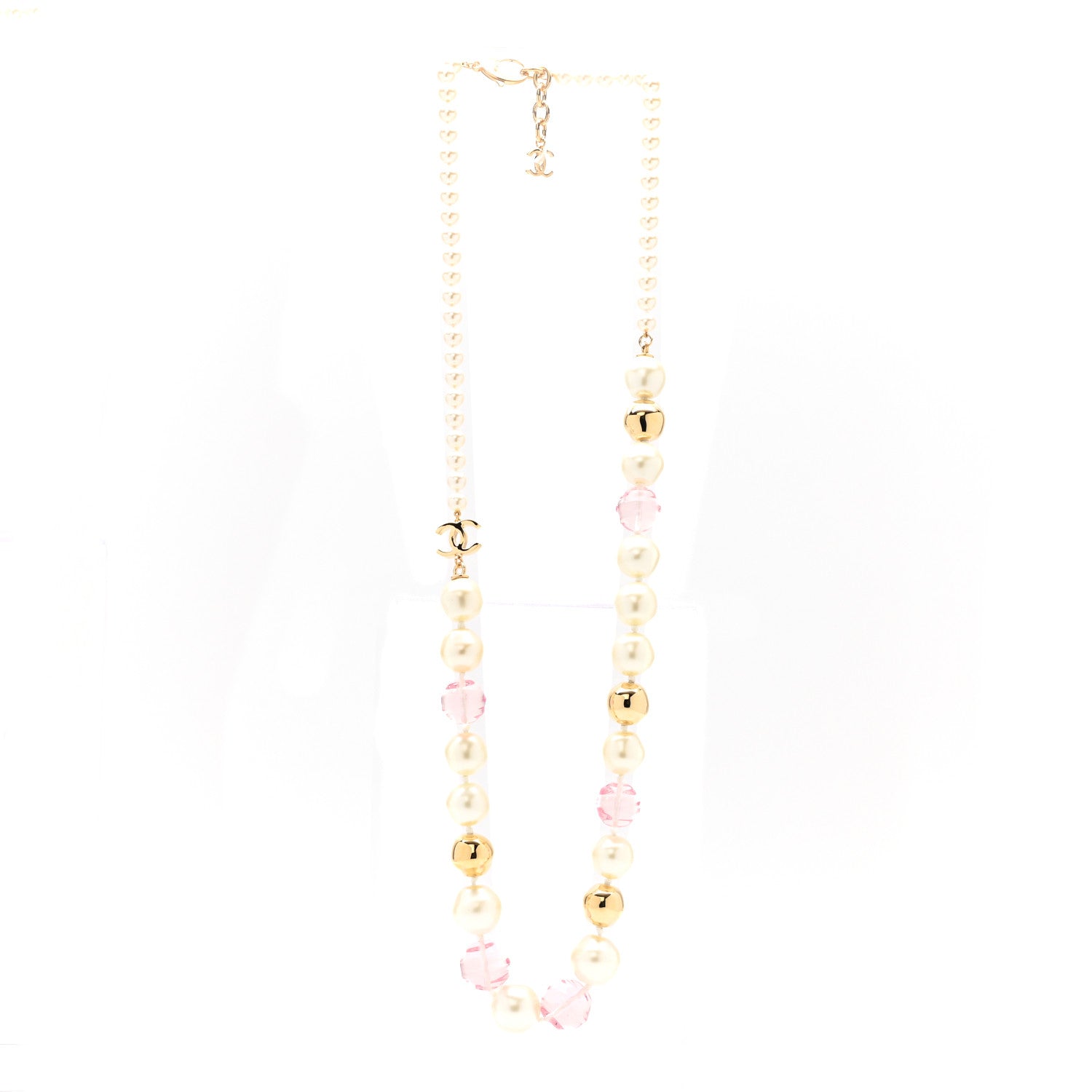 Chanel Metal Pearl CC Long Necklace Gold Pearly White Pink 3 of 5