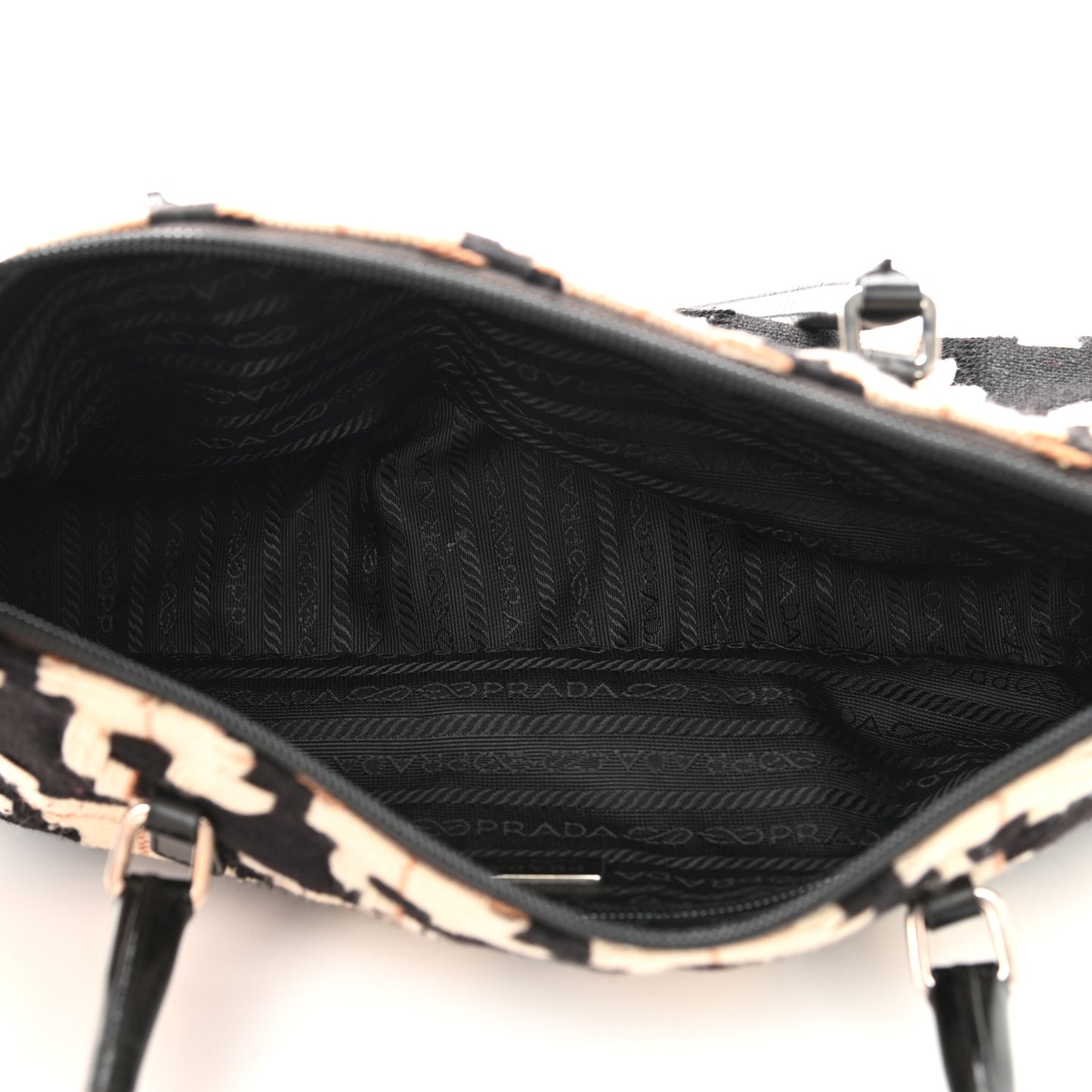 Wool Calfskin Houndstooth Top Handle Bag Black White